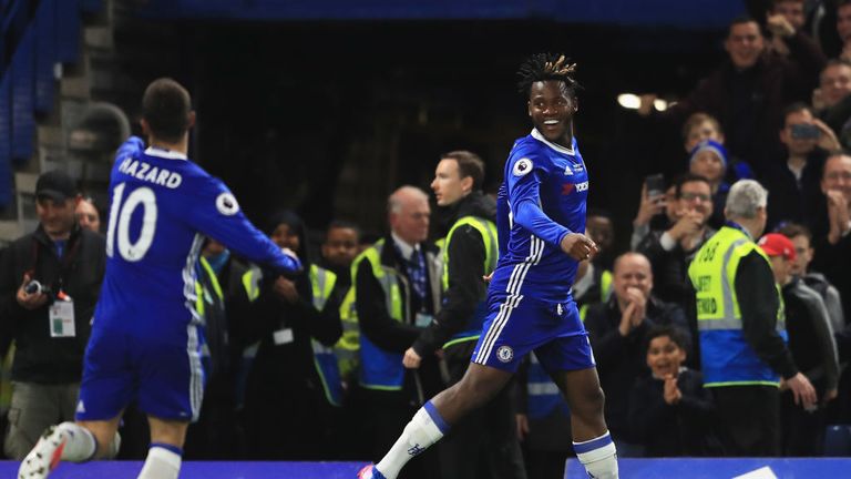 Michy Batshuayi celebrates Chelsea's third goal and his second in as many games