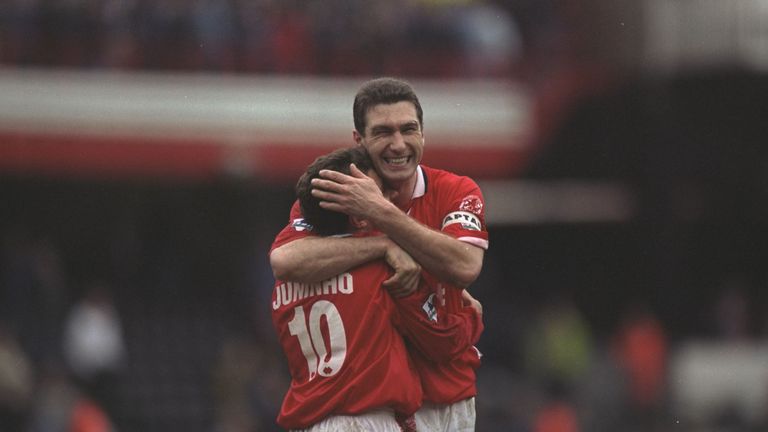 Juninho #10 and Nigel Pearson during Middlesbrough's FA Cup quarter-final match against Derby County in 1997
