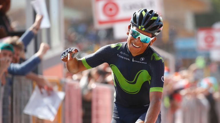 Nairo Quintana celebrates as he crosses the finish line