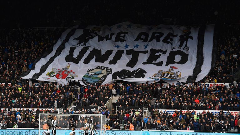 Newcastle fans hold a banner prior to the Sky Bet Championship match against Preston 