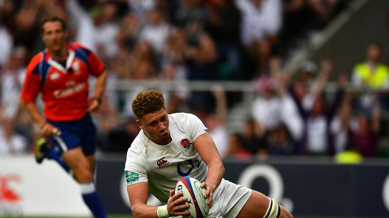 Nick Isiekwe of England goes over to score his side's second try during the Old Mutual Wealth Cup match between England and The Barbarians 