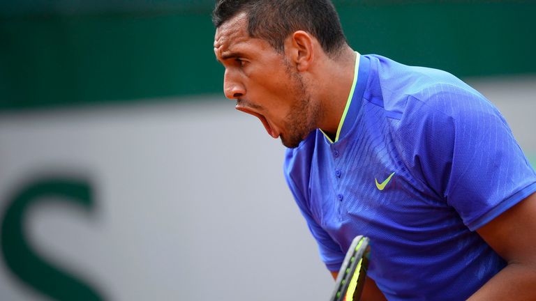 Australia's Nick Kyrgios reacts after winning a point during his tennis match against Germany's Philipp Kohlschreiber at the Roland Garros 2017 French Open