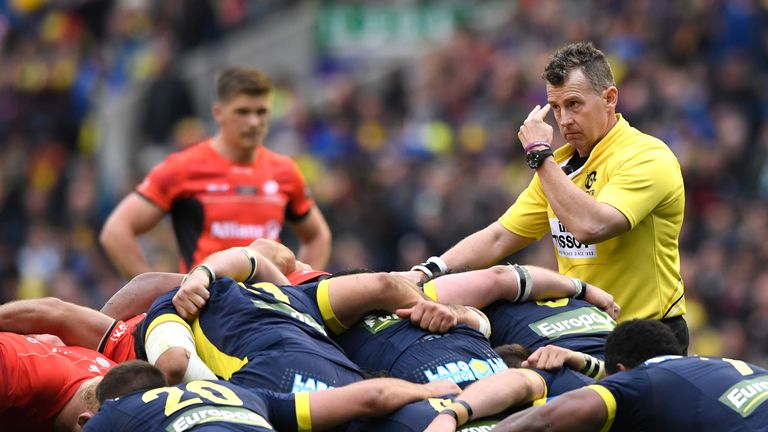 EDINBURGH, SCOTLAND - MAY 13: Referee Nigel Owens of Wales officiates during the European Rugby Champions Cup Final between ASM Clermont Auvergne and Sarac