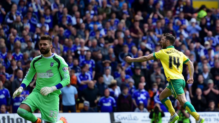 NORWICH, ENGLAND - MAY 16:  Despair for goalkeeper Bartosz Bialkowski of Ipswich Town as Wes Hoolahan of Norwich City celebrates as he scores their first g