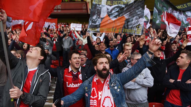 NOTTINGHAM, ENGLAND - MAY 07: Nottingham Forest fans gesture during the Sky Bet Championship match between Nottingham Forest and Ipswich Town at City Groun
