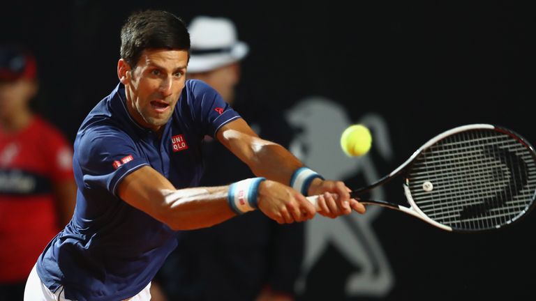 Novak Djokovic of Serbia in action during the men's quarter-final match against Juan Martin Del Potro of Argentina on Day Six of the Rome Masters
