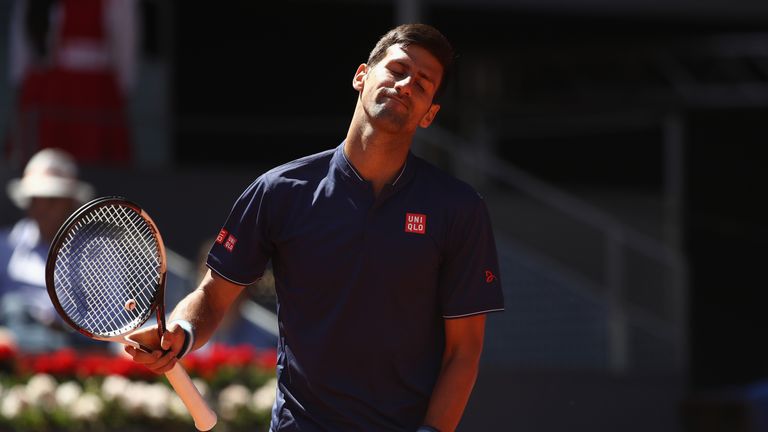 MADRID, SPAIN - MAY 13:  Novak Djokovic of Serbia reacts against Rafael Nadal of Spain in the semi finals during day eight of the Mutua Madrid Open tennis 
