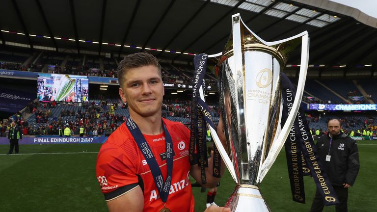 Owen Farrell of Saracens celebrates with the trophy after the European Rugby Champions Cup final