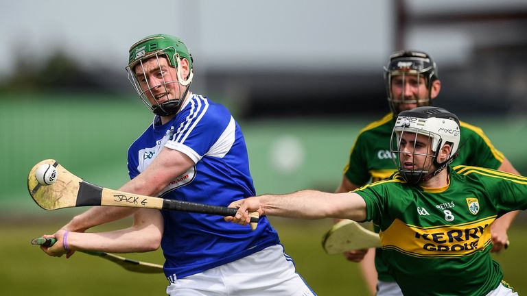 Paddy Purcell of Laois in action against Jack Goulding of Kerry during the Leinster GAA Hurling Senior Championship Qualifier Group Round 3 game in Tralee.