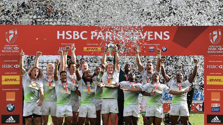 PARIS, FRANCE - MAY 14 2017: South Africa celebrate after winning the HSBC World Rugby Sevens Series tournament at Stade Jean Bouin on May 14, 2017