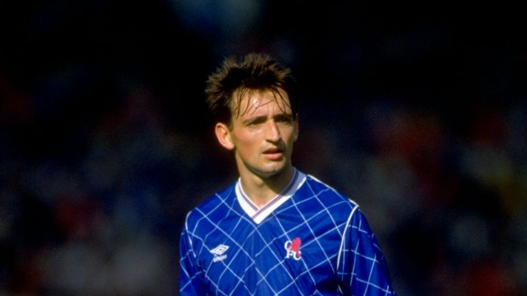 1986:  Pat Nevin of Chelsea walks up the pitch during a Canon League Division One match against Manchester United at Old Trafford in Manchester, England. M