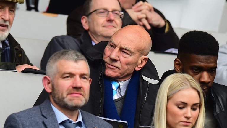 HUDDERSFIELD, ENGLAND - APRIL 01:  Actor Patrick Stewart in the the stands during the Sky Bet Championship match between Huddersfield Town and Burton Albio