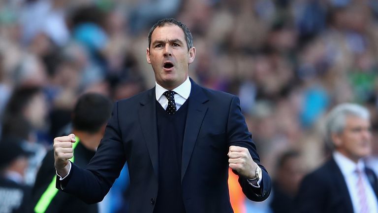 SWANSEA, WALES - APRIL 22:  Paul Clement, Manager of Swansea City reacts during the Premier League match between Swansea City and Stoke City at the Liberty