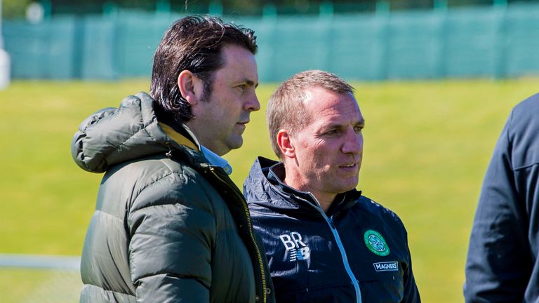 03/05/17. CELTIC TRAINING. LENNOXTOWN. Ex-Dundee manager Paul Hartley (L) speaks with Celtic manager Brendan Rodgers at training.