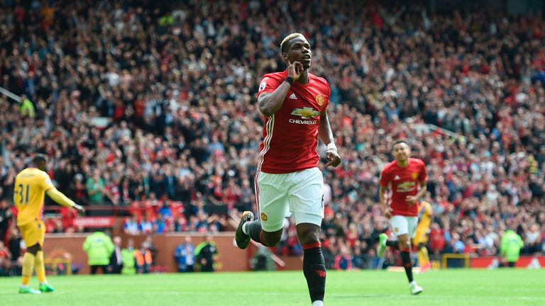 Paul Pogba celebrates scoring Manchester United's second goal against Crystal Palace