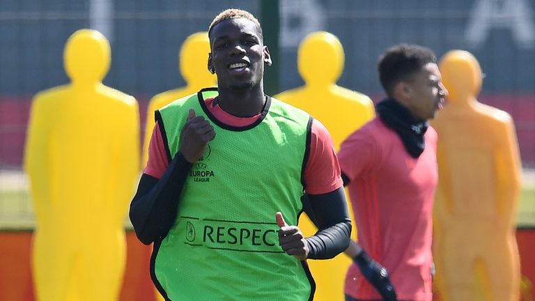 Manchester United's French midfielder Paul Pogba attends a team training session at the club's training complex near Carrington, west of Manchester in nort