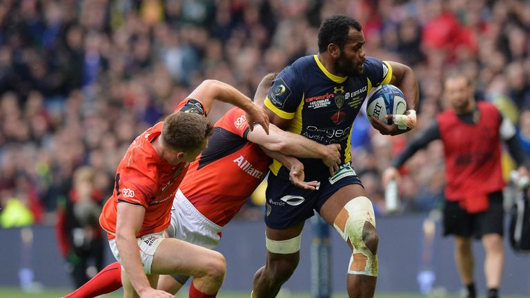 EDINBURGH, SCOTLAND - MAY 13 2017:  Peceli Yato of Clermont Auvergne barges through the Saracens defence during the European Rugby Champions Cup Final