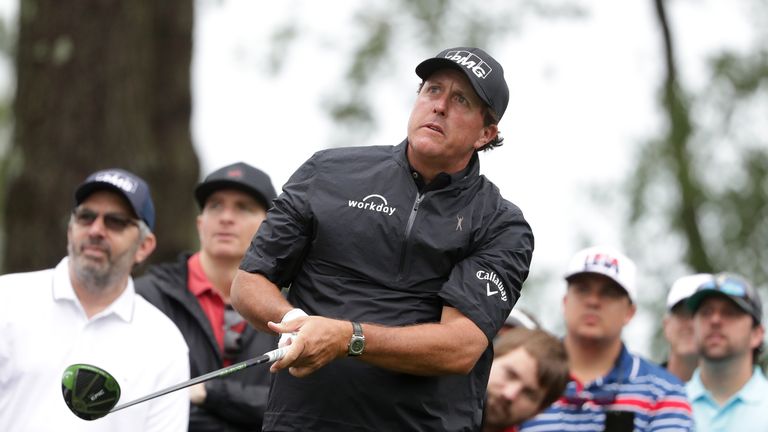 WILMINGTON, NC - MAY 5: Phil Mickelson plays his shot from the 12th tee during round two of the Wells Fargo Championship at Eagle Point Golf Club on May 5,