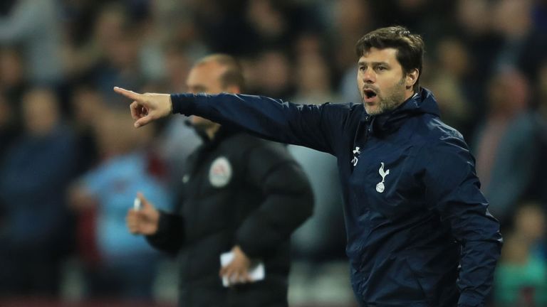 S  Mauricio Pochettino, Manager of Tottenham Hotspur directs his players during the Premier League match between West Ham United