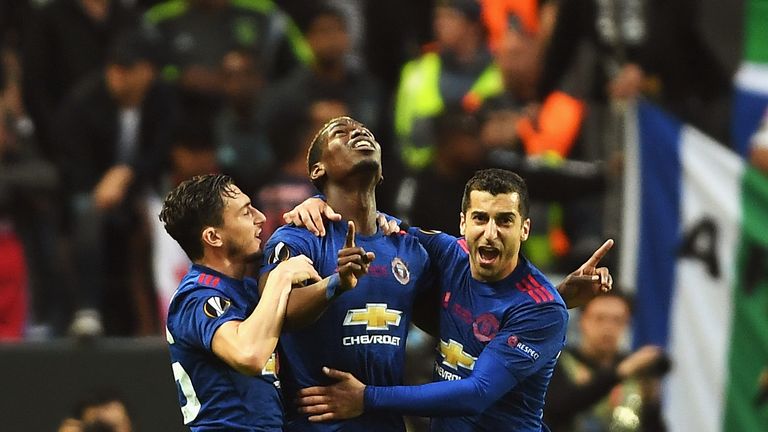 Paul Pogba of Manchester United celebrates scoring his sides first goal with Henrikh Mkhitaryan of Manchester United