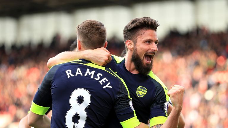 Olivier Giroud celebrates his goal with team-mate Aaron Ramsey