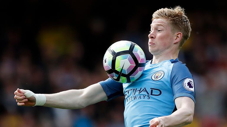 Kevin De Bruyne controls the ball on his chest during the match at Vicarage Road