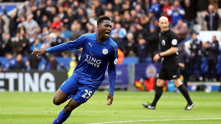 Wilfred Ndidi wheels away in celebration after scoring Leicester's opening goal