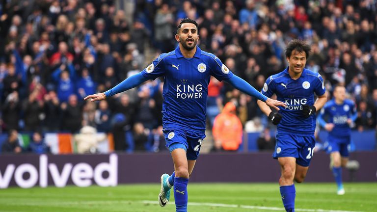 Riyad Mahrez celebrates after scoring Leicester's second goal