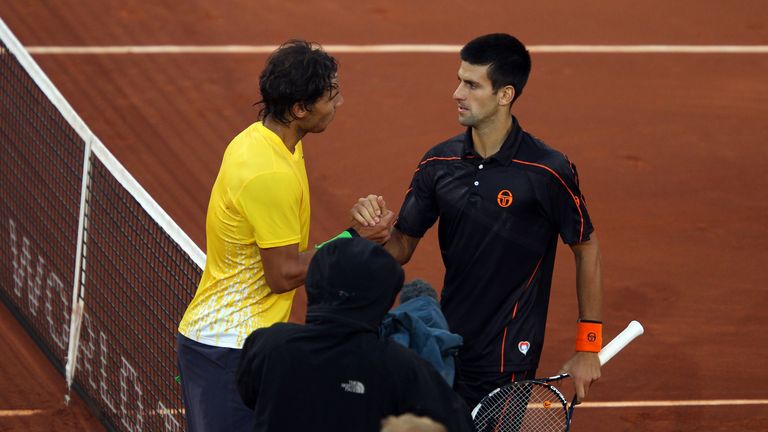 MADRID, SPAIN - MAY 08:  Novak Djokovic of Serbia is congratulated Rafael Nadal of Spain after the final during day nine of the Mutua Madrilena Madrid Open