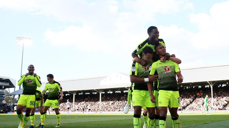 Reading's Jordan Obita celebrates after scoring the opening goal during the Sky Bet Championship play off, first leg match at Craven Cottage, London.