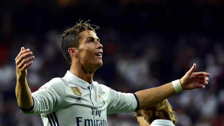 Real Madrid's Portuguese forward Cristiano Ronaldo celebrates after scoring a goal during the Spanish league football match Real Madrid CF vs Sevilla FC at