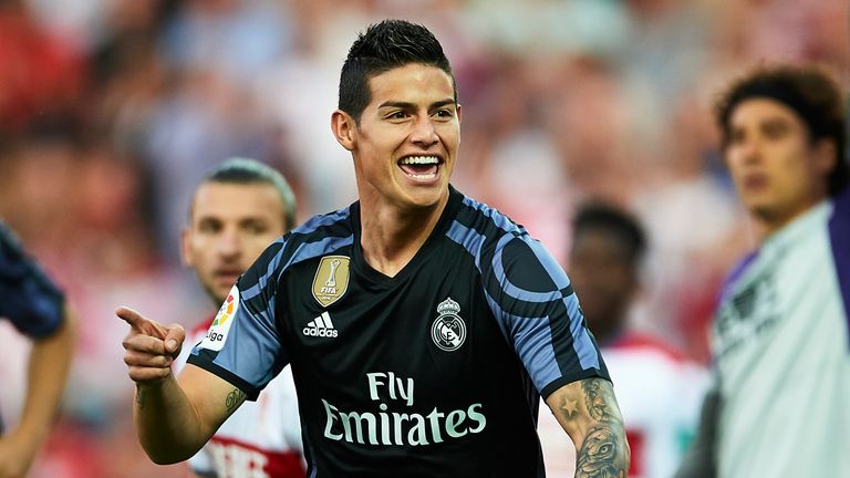 James Rodriguez celebrates after scoring Real's first goal against Granada 