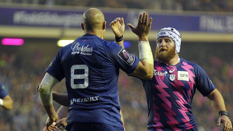 Sergio Parisse celebrates with Stade Francais' Remi Bonfils after scoring their first try against Gloucester in the Challenge Cup final 12.05.17