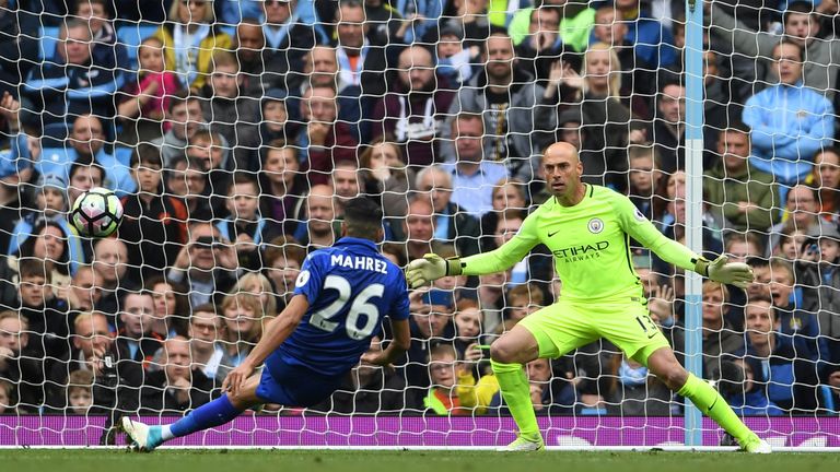 Riyad Mahrez of Leicester City scores a penalty which is later disallowed during the Premier League match at Manchester City