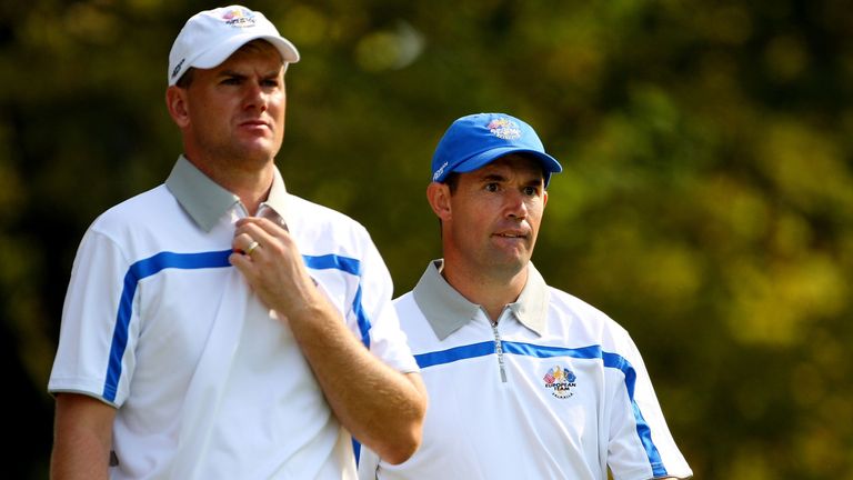 LOUISVILLE, KY - SEPTEMBER 19:  Robert Karlsson and Padraig Harrington of the European team walk off the 11th tee during the morning foursomes on day one o
