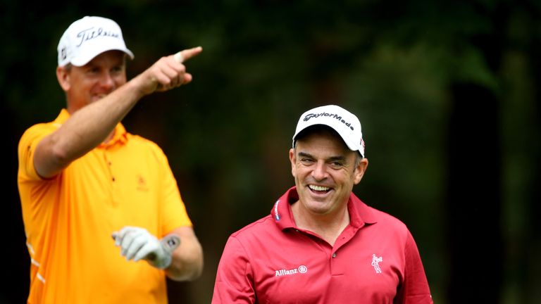 MONZA, ITALY - SEPTEMBER 16:  Robert Karlsson of Sweden (left) and Paul McGinley of Ireland share a joke during the Pro Am prior to the start of the 72nd O