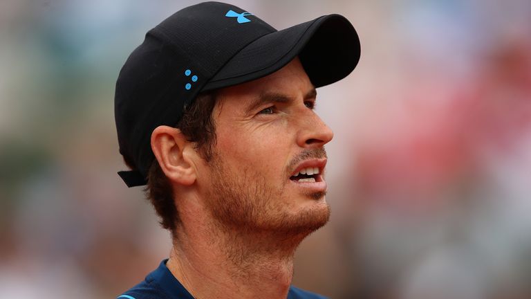 PARIS, FRANCE - MAY 30:  Andy Murray of Great Britain looks on during the first round match against Andrey Kuznetsov of Russia on day three of the 2017 Fre