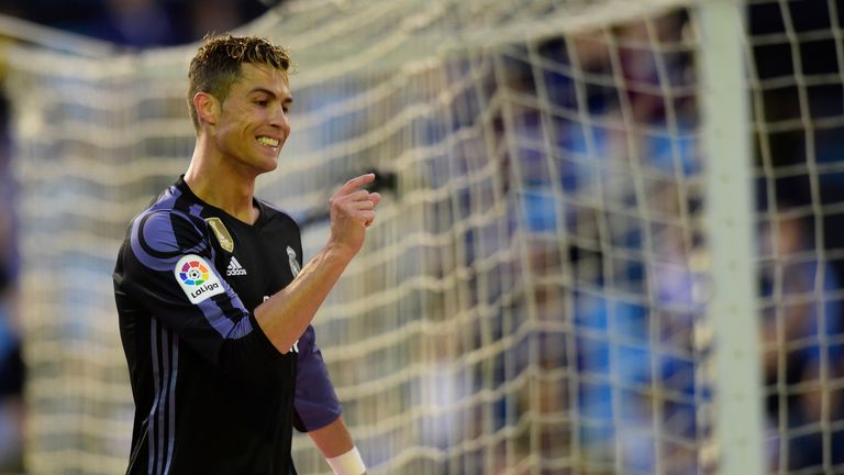 Real Madrid's Portuguese forward Cristiano Ronaldo gestures after missing a goal opportunity during the Spanish league football match RC Celta de Vigo vs R
