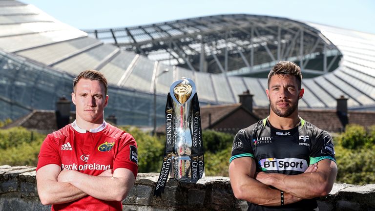 Rory Scannell (Munster) and Rhys Webb (Ospreys) pictured at the Guinness PRO12 Semi-Finals media event in Dublin