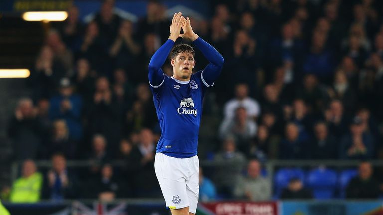 Ross Barkley of Everton shows appreciation to the fans as he is subbed off against Watford