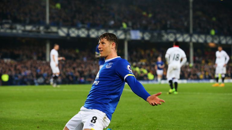 LIVERPOOL, ENGLAND - MAY 12:  Ross Barkley of Everton celebrates scoring his sides first goal during the Premier League match between Everton and Watford a