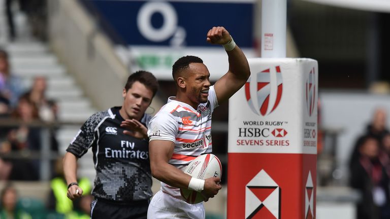 Dan Norton celebrates after scoring against Australia at the London Sevens