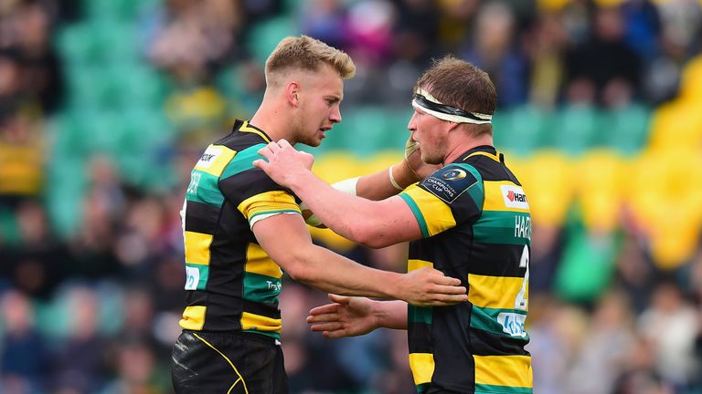 Harry Mallinder and Dylan Hartley celebrate their win over Connacht