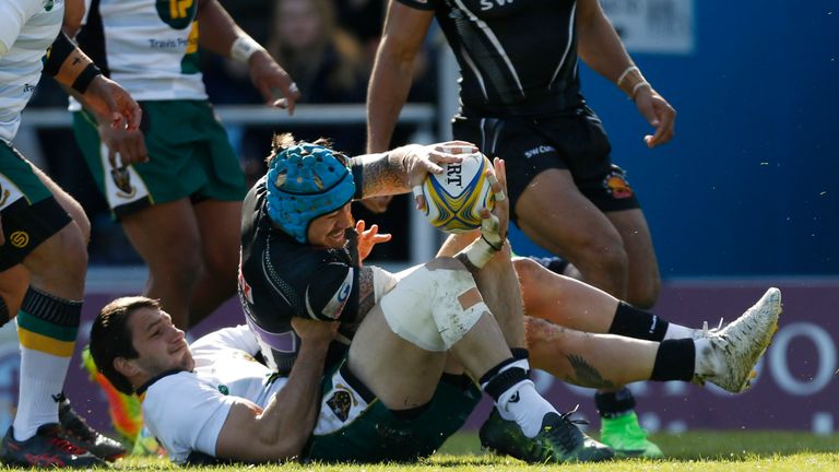 Jack Nowell scores Exeter's bonus-point try against Northampton