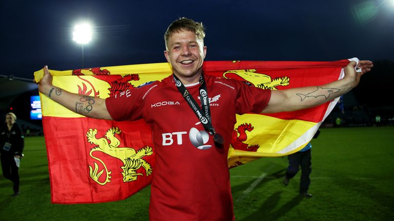 James Davies celebrates after the Scarlets' win over Leinster