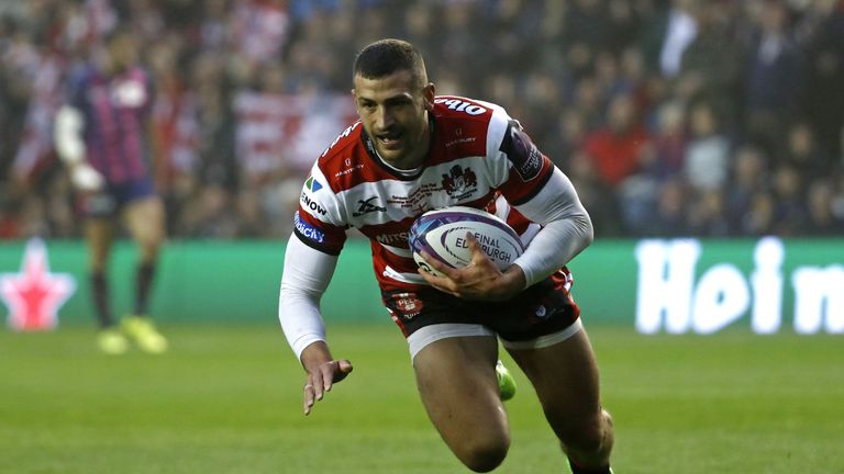 Jonny May dives over to score the opening try for Gloucester during the Challenge Cup final against Stade Francais