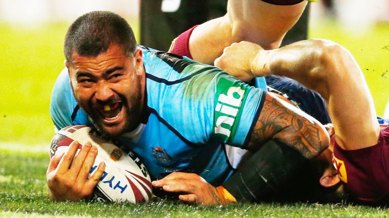 Andrew Fifita scores a try during game one of the 2017 State Of Origin against Queensland