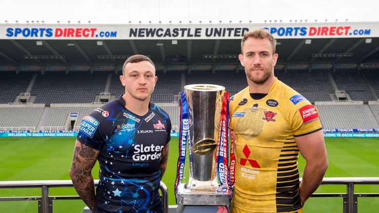 Leigh Centurions Matty Dawson and Salford's Lee Mossop with the Betfred Super League trophy ahead of their Magic Weekend game