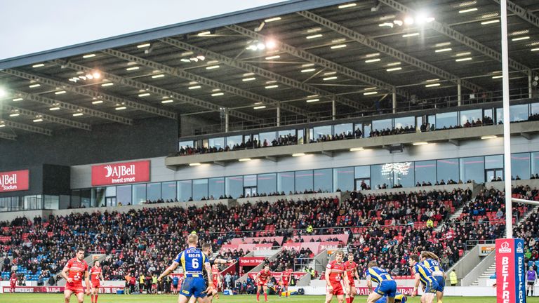 A general view of Salford playing Warrington at the AJ Bell stadium