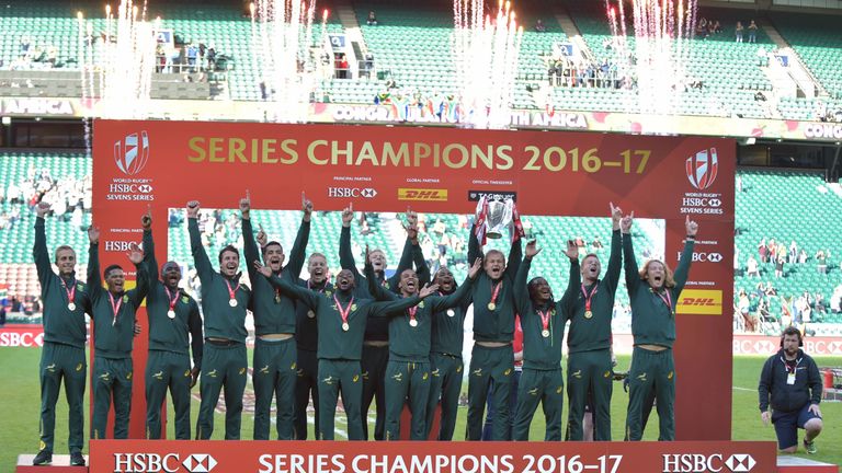 South Africa celebrate with the trophy after their victory in the World Rugby Sevens Series
